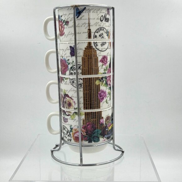 New York City Skyline Set of 4 Stacking Porcelain Mugs with a Metal Rack - Picture 3 of 12